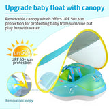 Baby float with canopy and UPF 50+ sun protection feature on a light blue background