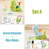 Two bath toys, a green elephant and a blue hippo, with packaging and accessories