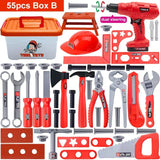 Set of toy tools and accessories with a toolbox labeled '55pcs Box B'.