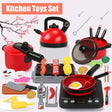 Set of toy kitchen appliances including a pressure cooker, kettle, and frying pan on a white background.