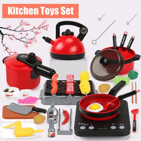 Set of toy kitchen appliances including a pressure cooker, kettle, and frying pan on a white background.