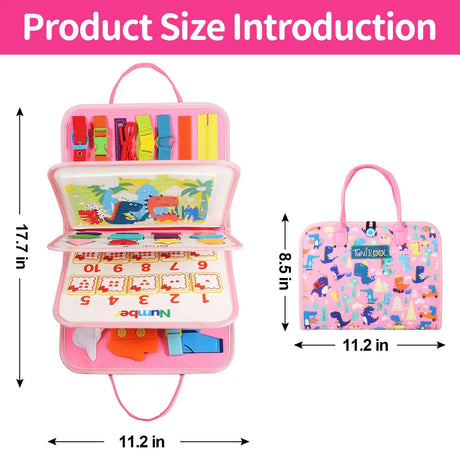 Pink educational toy set with measurements on a pink background