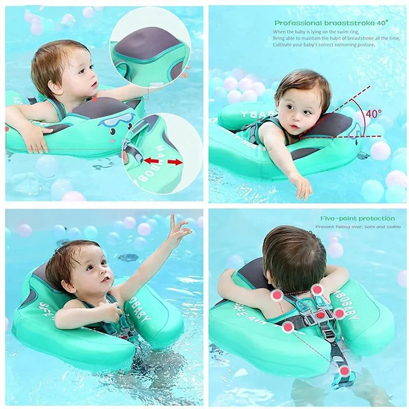 Collage of a child using an inflatable swimming ring with various angles shown.