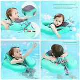 Collage of a child using an inflatable swimming ring with various angles shown.