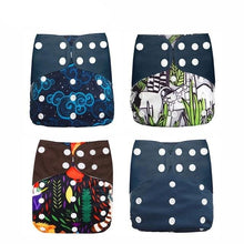 Four colorful cloth diapers with patterned designs 