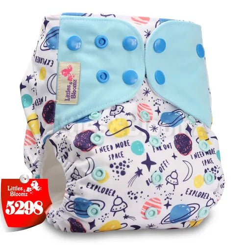 Space-themed baby diaper with colorful patterns 