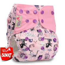 Pink baby diaper with cat pattern and pink cover.