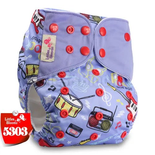 Purple diaper with cartoon designs and red buttons, featuring the brand 'Littles & Bloomz'. (option 2)