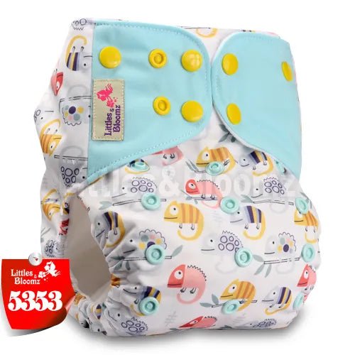Patterned baby diaper with colorful design, featuring the brand 'Littles & Bloomz'. (option 3)