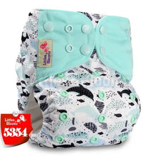 Patterned diaper with teal accents, featuring the brand 'Littles & Bloomz'. (option 2)