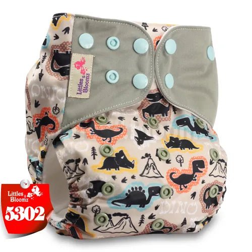 Reusable diaper with dinosaur pattern and 'Littles & Bloomz' branding 