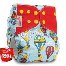 Colorful diaper with hot air balloon pattern and red flap, featuring the brand 'Littles & Bloomz'. (option 2)