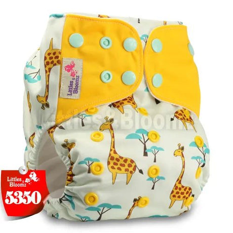 Baby diaper with a giraffe pattern and yellow accents
