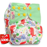 Children's dinosaur-patterned diaper with green top section 
