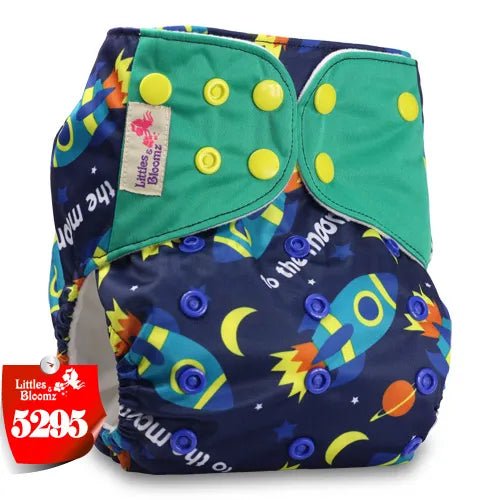 Colorful baby diaper with space-themed print and green cover, featuring the brand 'Littles & Bloomz'. (option 3)