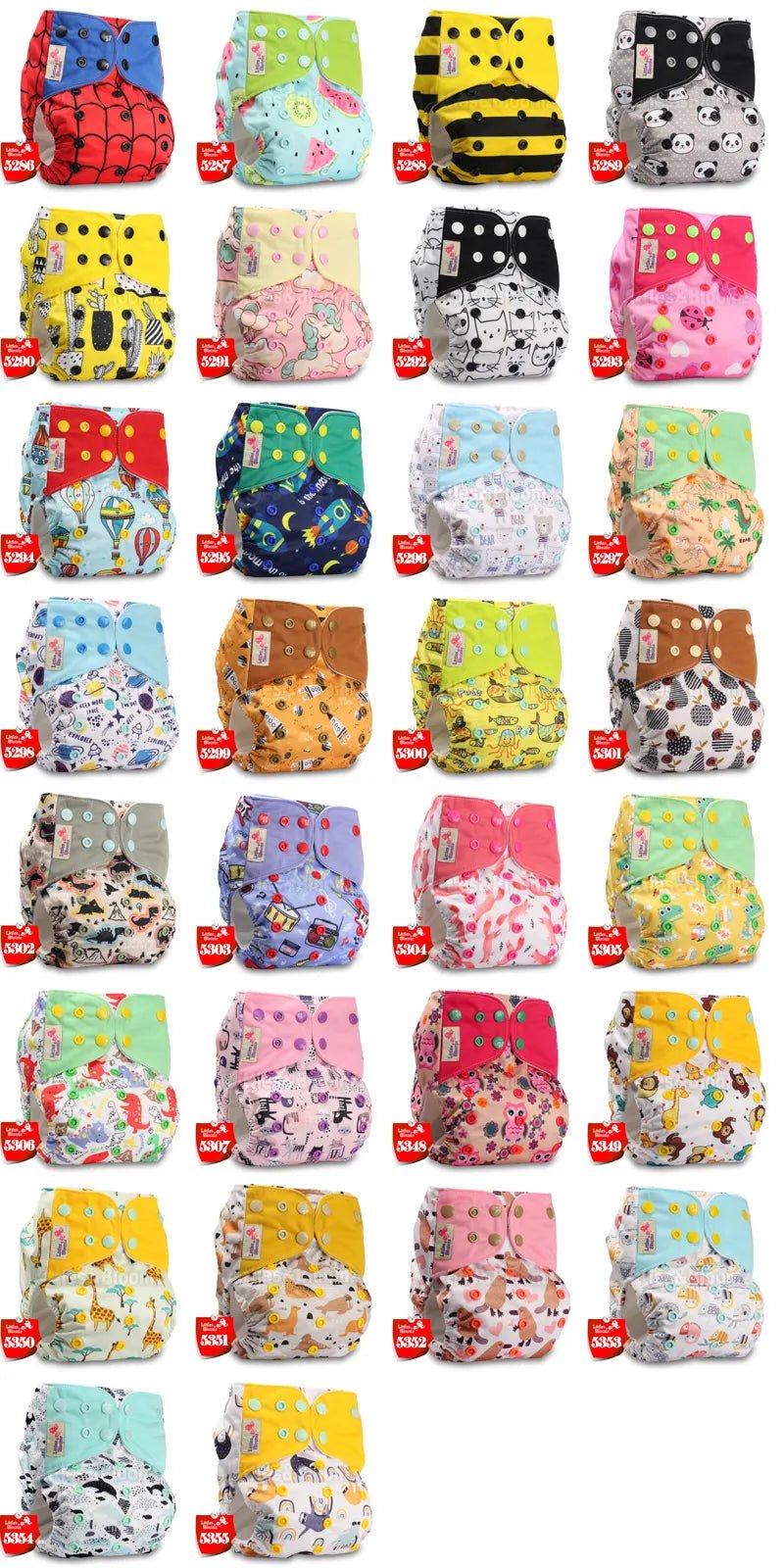 Various colorful baby diapers with different patterns.