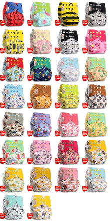 Various colorful baby diapers with different patterns.