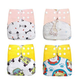Four colorful baby diapers with different patterns 