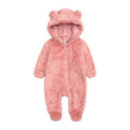 Pink fluffy baby snowsuit with bear ears 