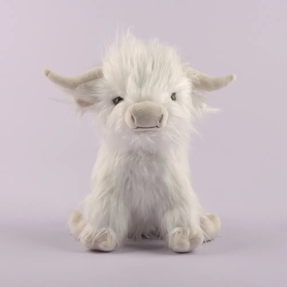 Adorable Kawaii Highland Cow doll in cream soft plush, a 25cm stuffed toy for hugging, photo props and gifting.