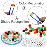 Educational toy set for color and shape recognition with colorful pom-poms and a tray.