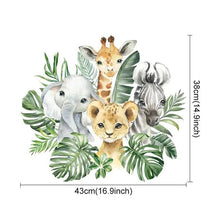 Illustration of a lion, elephant, giraffe, and zebra surrounded by leaves with dimensions indicated.