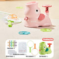 Pink toy with accessories on a beige surface, including a packing list of items.