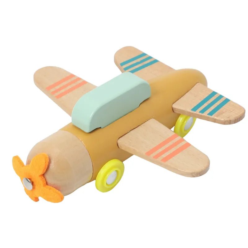 Montessori wooden train and trolley educational toy set including a colorful wooden toy airplane piece.
