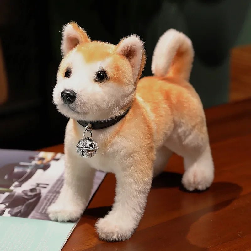 Lifelike Akita Shiba Inu Plush stuffed dog with bell for nursery decor and play.