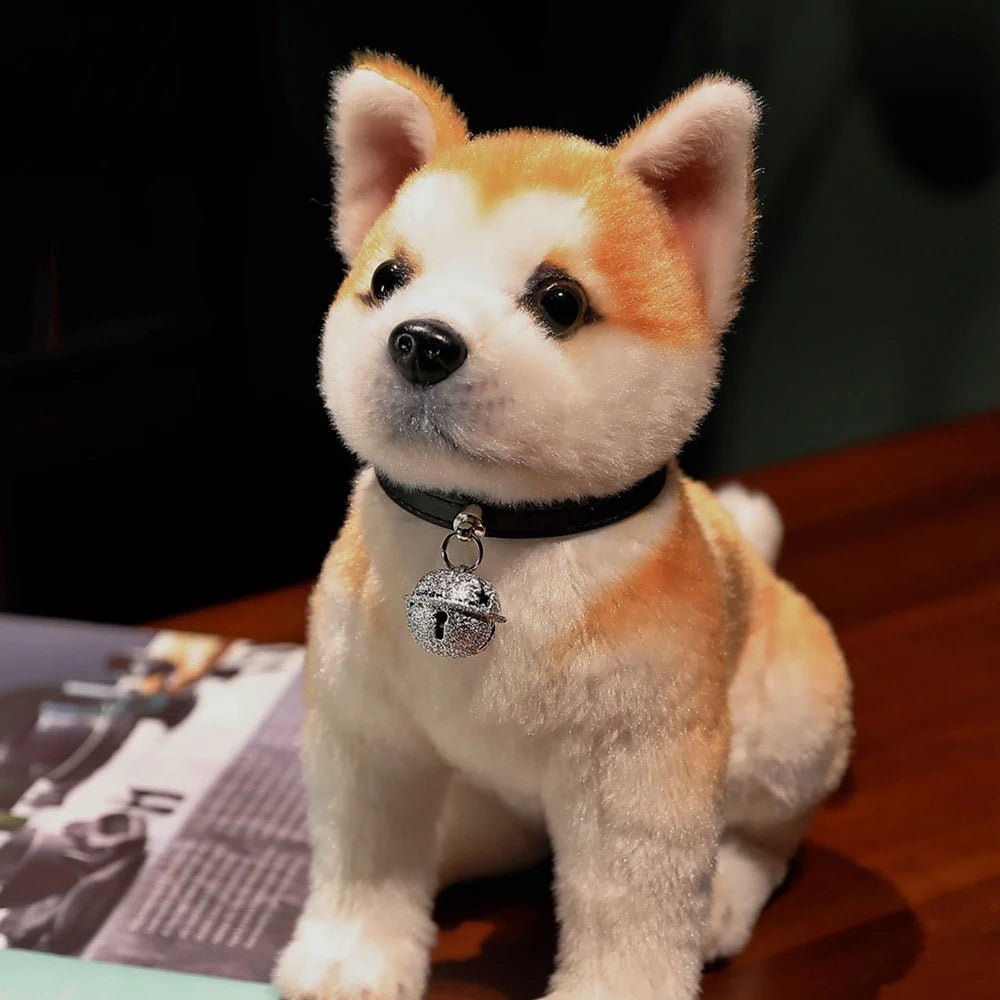 Lifelike Akita Shiba Inu Plush stuffed dog wearing a bell collar for realistic charm.