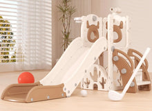 Children's play set with slide and climbing structure on a wooden floor. (option 2)