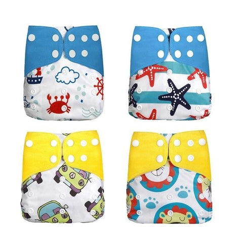 Four colorful children's swim diapers with different patterns 