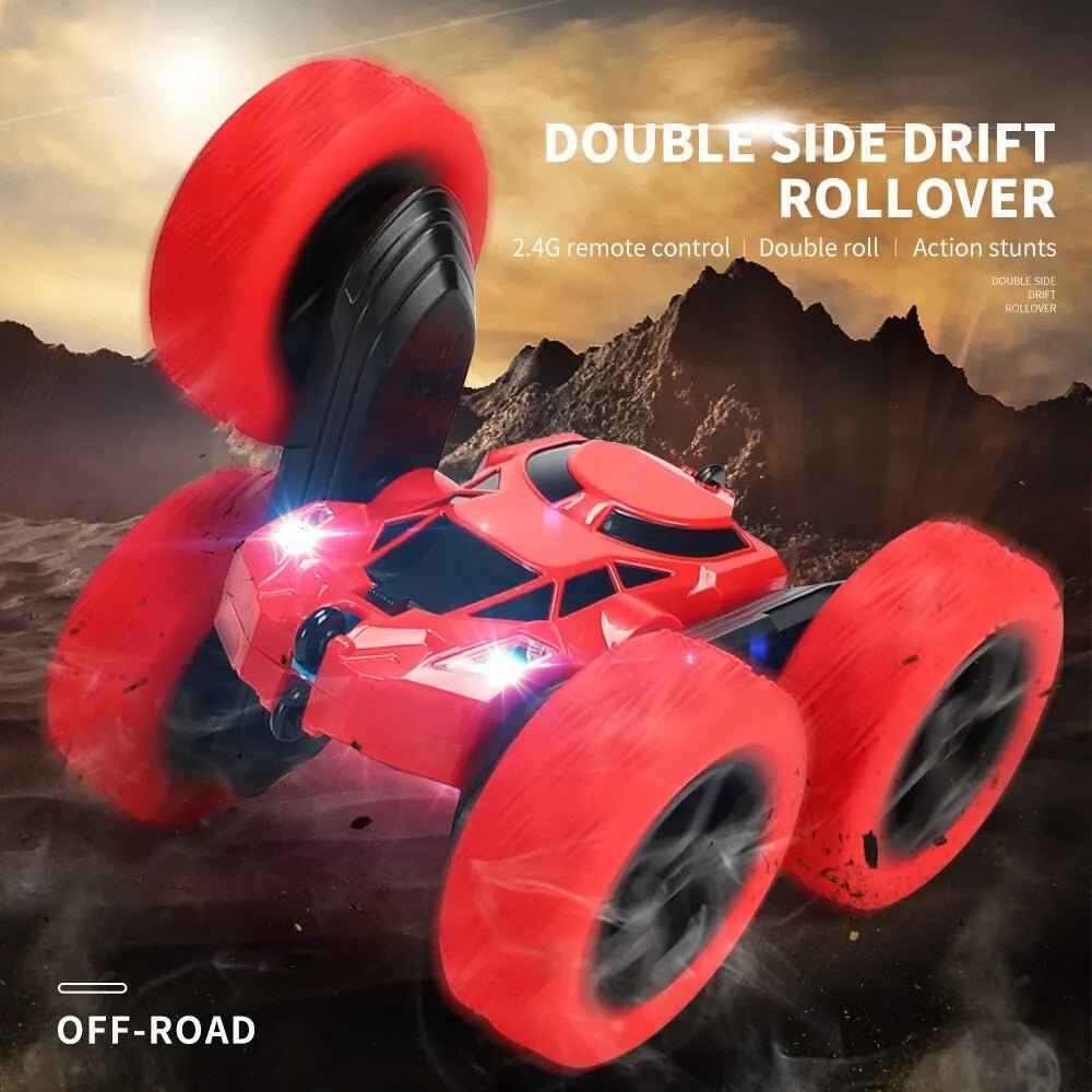 Red remote control car with off-road capabilities.