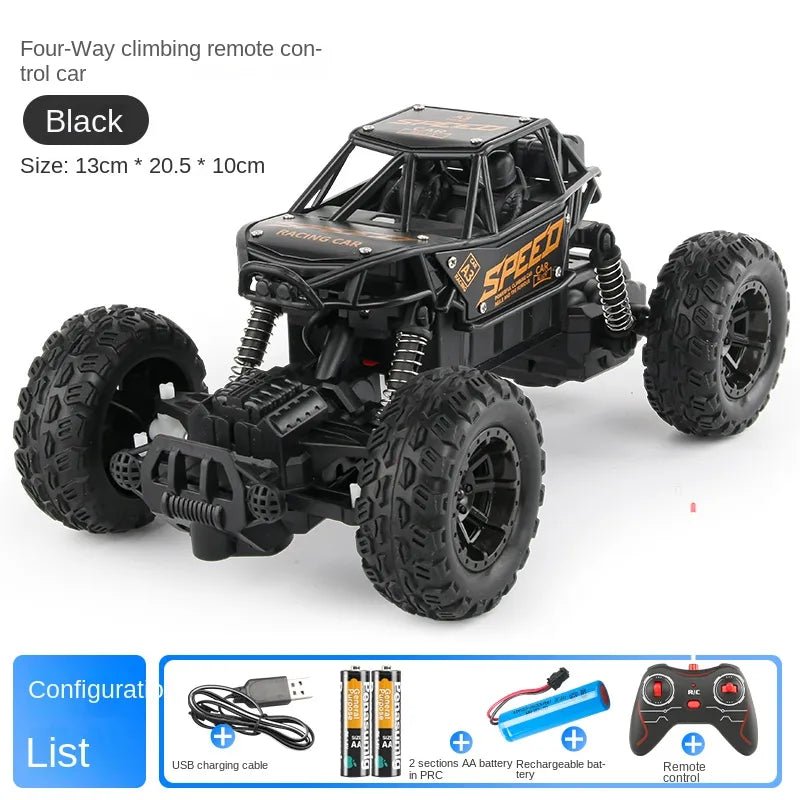 Black four-way climbing remote control car with included accessories 