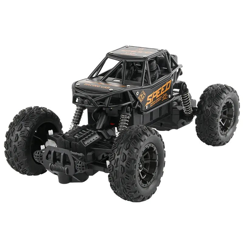 Black off-road toy vehicle with large wheels.