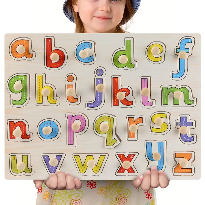 Child holding a Montessori wooden alphabet puzzle with letters A to Z as a pre-K learning material.