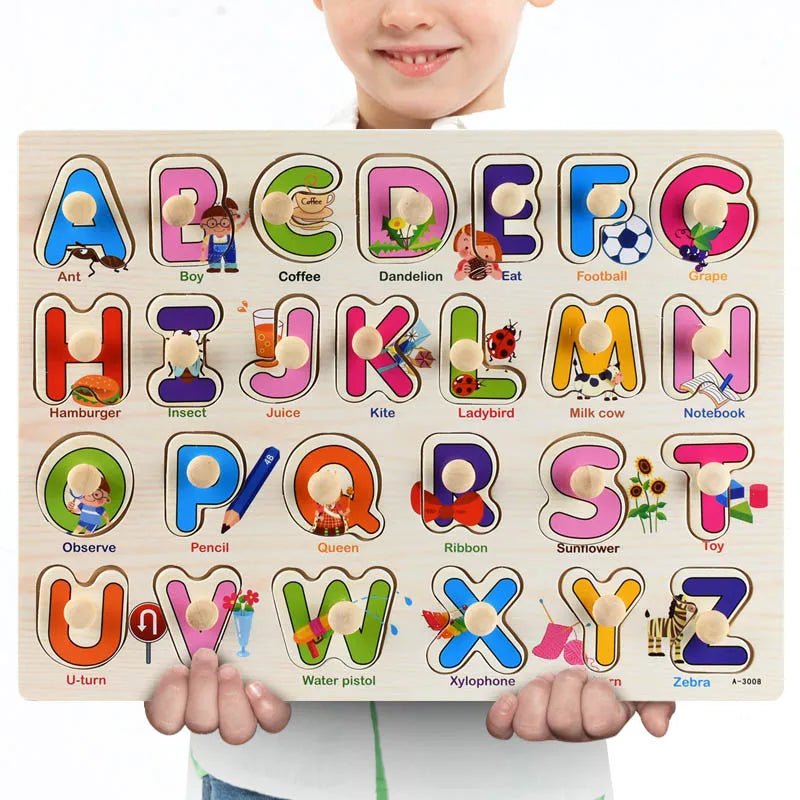 Child holding a Montessori wooden alphabet picture puzzle for learning at home with letters and pictures.