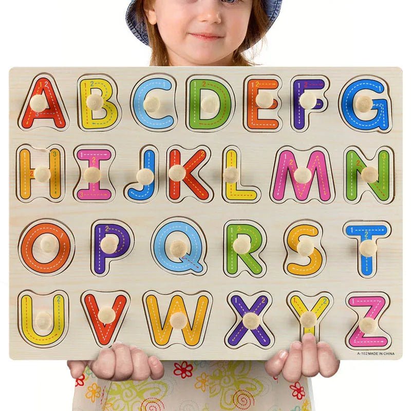 Child holding a Montessori wooden alphabet puzzle with letters A to Z for quiet time learning activities.