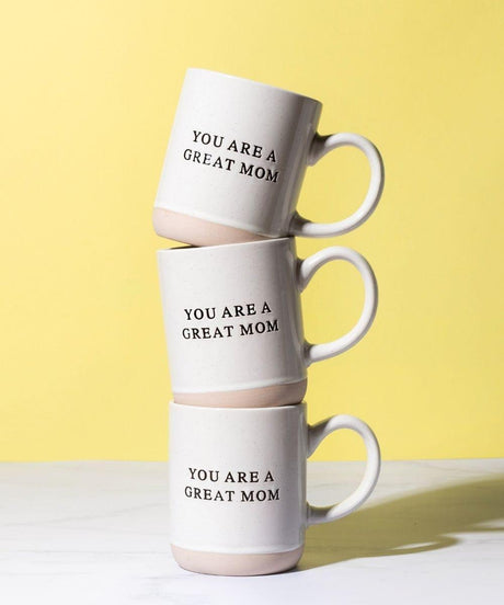 Three white mugs with 'YOU ARE A GREAT MOM' text