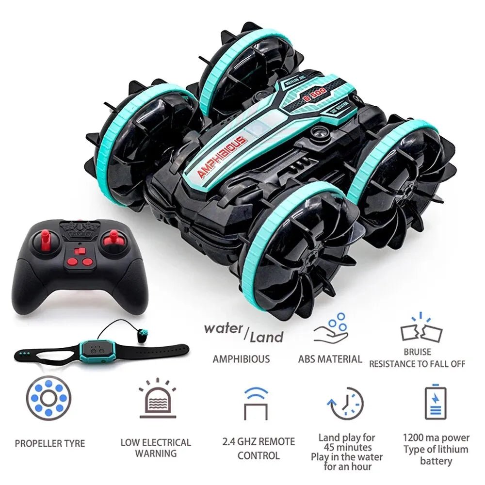 Amphibious RC Stunt Car with flip and spin action for waterproof outdoor play.
