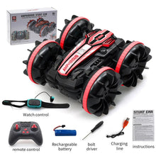 Amphibious RC Stunt Car with LED lights for night-time driving play.