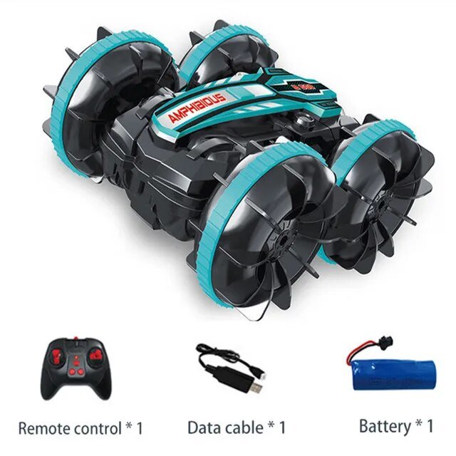 Amphibious RC Stunt Vehicle with full-function remote, data cable, and battery included.