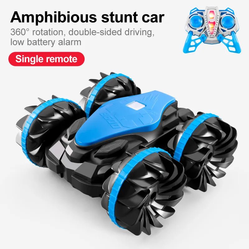 Amphibious RC Stunt Vehicle in blue with high-grip spinner wheels for stunt driving.