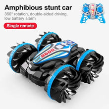 Waterproof Amphibious RC Stunt Vehicle with high-traction tires for water and land grip.