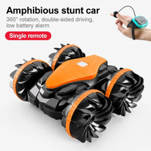 Amphibious RC Stunt Vehicle with remote control for stable water driving performance.