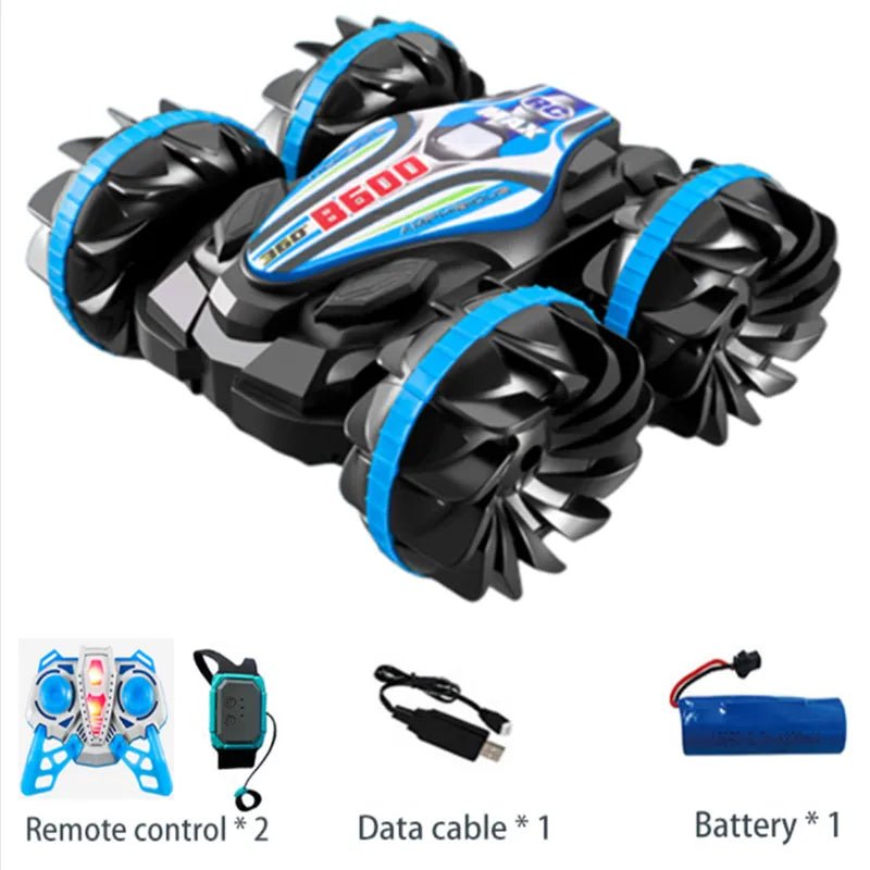 Amphibious RC Stunt Vehicle in black and blue for two-sided double-drive stunt play.