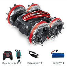 Amphibious Stunt RC Vehicle 360-degree spin and flip toy set with remote and battery.