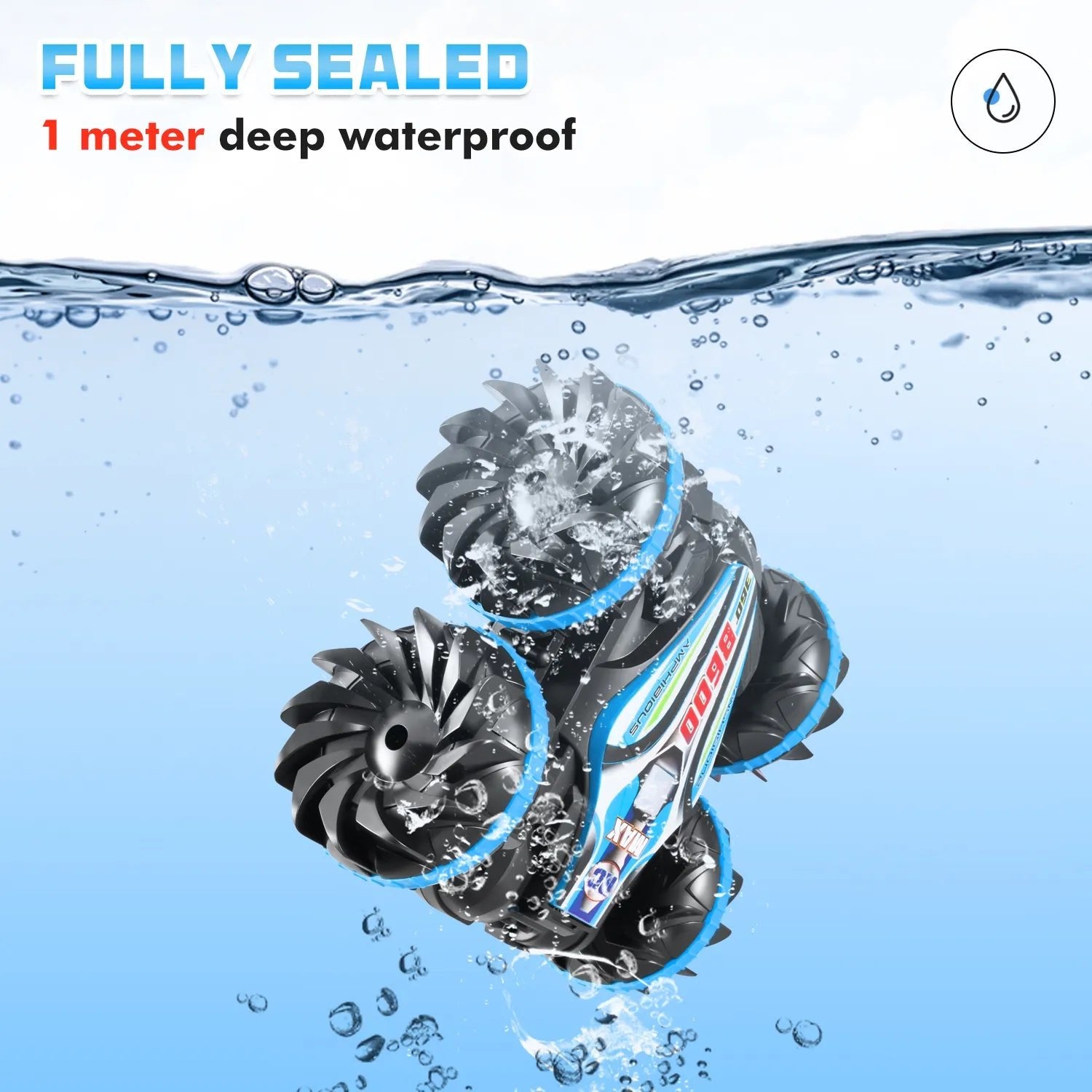 Amphibious Stunt RC Vehicle with all-terrain spinner wheels for water, sand, and land play.