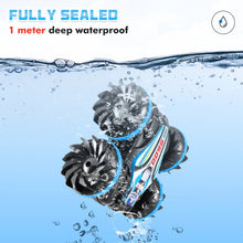Amphibious Stunt RC Vehicle with all-terrain spinner wheels for water, sand, and land play.