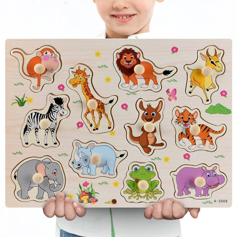 Child holding a Montessori wooden animal figure puzzle used as a shape sorting game for toddlers.